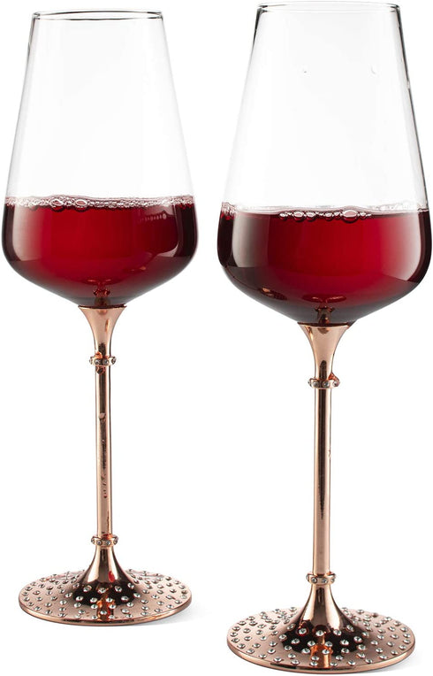 Rose Gold Diamond Studded Wine Glasses - Set of 2 - 15 Ounce, Premium Designed Wine Glasses for Spirits and Wine, Gift Boxed By The Wine Savant