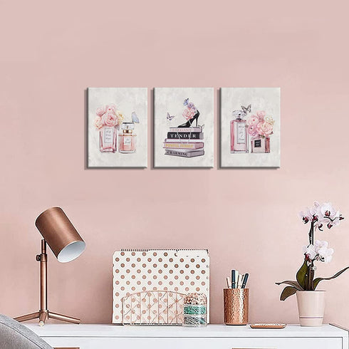 WANBOYA Fashion Women Canvas Wall Art Pink Flower Perfume Modern Art Prints with Book High Heel 3 Pieces Canvas Pictures Girl Room Wall Decor for Women Bedroom Bathroom Ready to Hang 12"x16"x3pcs