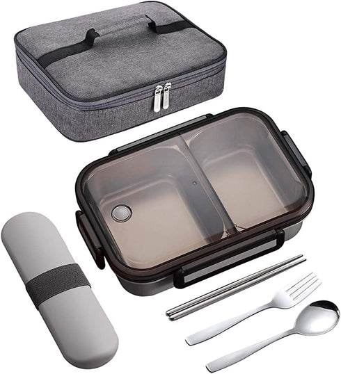 YBOBK HOME Leak Proof Bento Box, 2 Compartments Stainless Steel Lunch Box with Insulated Lunch Bag and Portable Utensil Set, Portion Control Lunch Container, On-the-Go Meal Fruit Snack Packing (Beige)