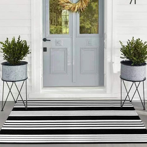 OJIA Cotton Black and White Striped Rug 24'' x 51''Hand-Woven Indoor/Outdoor Area Rug Layered Door Mats for Front Porch/Entryway/Laundry Room/ Bedroom/Outdoor