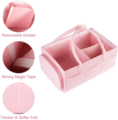 Diaper Caddy Organizer, Baby Basket Nursery Storage Bin with Dustproof Cover for Changing Table, Large Portable Car Organizer for Wipes, Bottle, Diapers, Shower, Newborn Girl & Boy Gifts, Pink