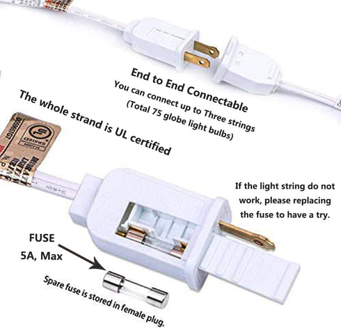 25Ft String Lights, G40 Outdoor Patio String Lights with 27 Clear Globe Edison Bulbs (2 Spare), Globe String Lights for Indoor/Outdoor Commercial Decor, 25 Hanging Sockets, 5 Watt/E12 Base- White Wire