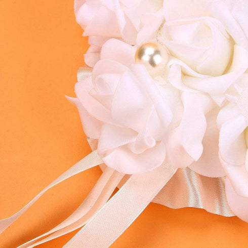 Wedding Ring Pillow, Romantic Lace Crystal Rose Wedding Heart Ring Box Pillow Cushion with Ribbon Pearl Wedding Ceremony for Wedding Supplies Gift