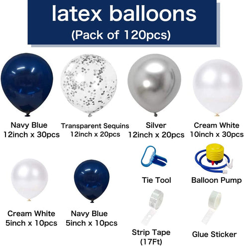 Luropa Silver Blue Balloon Arch Garland Kit, 120 pcs Navy Blue?White and Silver Confetti Latex Balloons with 16ft Tape Strip And Air Pump for Party Wedding Birthday Graduation Anniversary DIY Decoration.