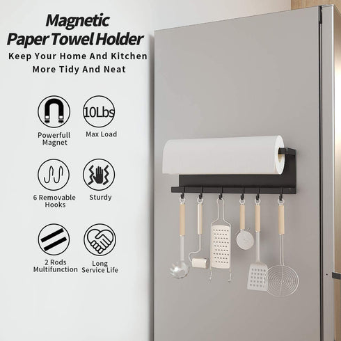 Magnetic Paper Towel Holder for Refrigerator with 6 Hooks, Kitchen Towel Rack with Strong Magnet, Magnetic Shelf Multi Function Made of Iron,Used for Kitchen, Drill Free (Black, with 6 Hooks)