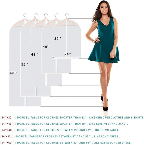 Perber Garment Bags for Hanging Clothes, 6 PCs Clear Garment Bag, Plastic Dustproof Suit Bag, Coat Protector Zippered Garment Covers for Closet Storage and Travel - 24'' x 48''/6 Pack