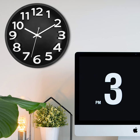 Lumuasky Large Black Wall Clock, 12 Inch Silent Non-Ticking Battery Operated Modern 3D Numbers Round Analog Decorative Clock for Living Room Bedroom Kitchen Home Office School