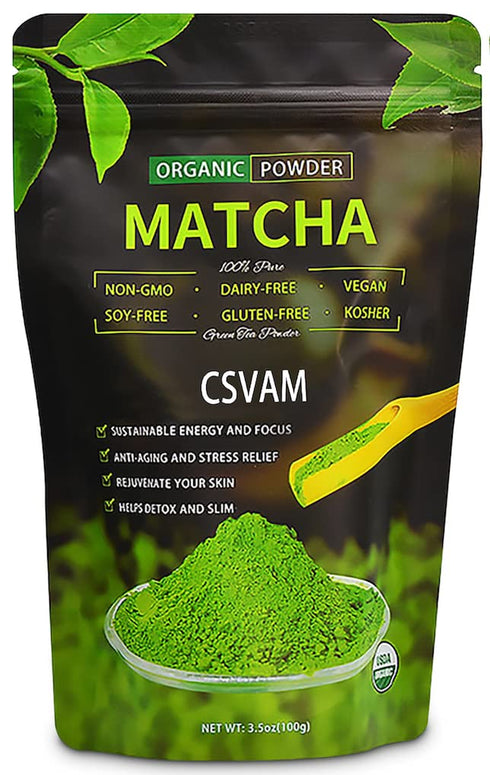 CSVAM Organic Matcha Powder,100% Organic Tea, Matcha Green Tea Powder for Baking or Smoothie. Matcha Tea Set 3.5oz with Wooden Spoon