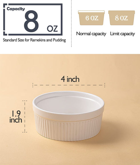 Delling Ramekins 8 Oz Oven Safe, Ramekins for Baking, Creme Brulee, Porcelain Ramekins for Souffle, Pudding, Set of 6, White