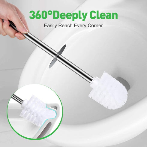 SpunKo Toilet Brush and Holder Set, 2 Pack WC Toilet Bowl Brush Cleaner with 304 Stainless Steel Long Handle, Toilet Scrubber Brush for Commercial Bathroom Restroom Deep Cleaning (White-2 Pack)