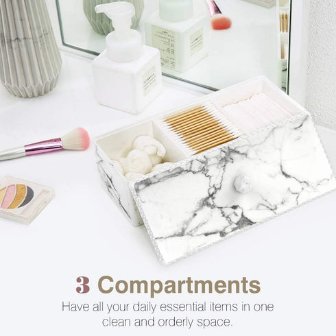 Luxspire Cotton Swab Holder with Lid, Marble Pattern Cotton Ball Holder Dispenser, Barthroom Canister Storage Jar for Cotton Pads Bud Q-tip, Vanity Cosmetics Countertop Organizer with 3 Compartments