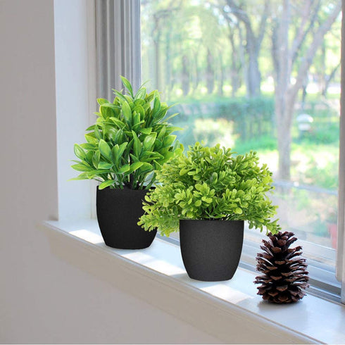 LELEE Artificial Potted Plants Mini Fake Plants, 3 Pack Small Eucalyptus Potted Faux Decorative Grass Plant with Black Plastic Pot for Home Decor, Indoor, Office, Desk, Table Decoration