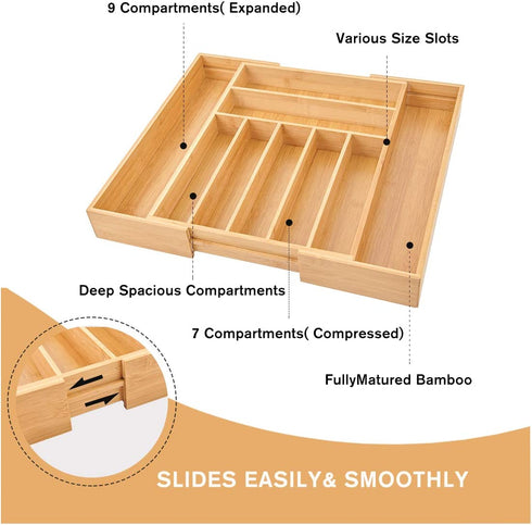 Bamboo Expandable Drawer Organizer for Kitchen Utensils ,Multifunctional Silverware Organizer/Flatware Drawer Organizer and Cutlery Tray for Silverware, Flatware, Knives .etc( 9 Slots ,Natural)