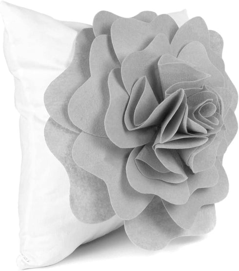 kilofly Home Decorative Throw Pillow Cover, 18" x 18", 3D Floral Grey, White