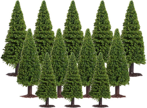 Wakauto 15pcs Model Trees, Green Scenery Landscape Cedar Trees with Base, Accssory Green Mini Tree Set, Lonely Bunch of Trees DIY Landscape Tribe