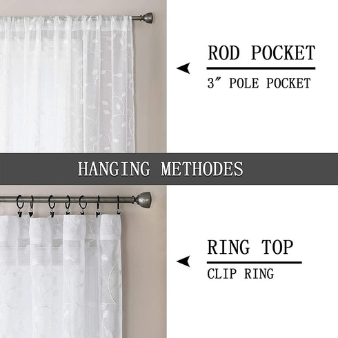 Tollpiz Leaves Short Sheer Curtains White Leaf Embroidery Bedroom Curtain Rod Pocket Voile Faux Linen Embroidered Leaves Curtains for Living Room, 54 x 45 inches Long, Set of 2 Panels