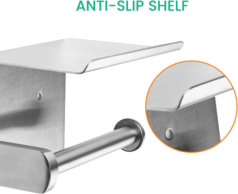 Brushed Nickel Toilet Paper Holder with Shelf for Phone Wipes Storage - Wall Mount/Adhesive, Stainless Steel TP Towel Hanger for Bathroom RV