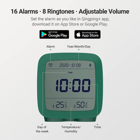 Qingping Smart Bluetooth Digital Alarm Clock with Multiple Alarms, Battery Operated Small Alarm Clock with Temperature and Humidity Display for Bedroom, Easy Settings Through app