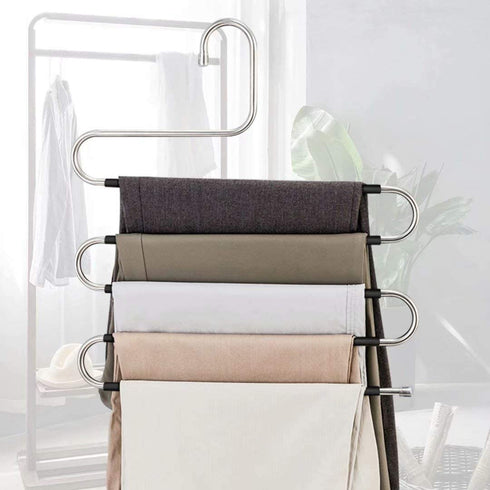 HonTop 3 Pack Pants Hangers S-Shape 5 Layers Stainless Steel with Black Silicone Coating Multi Clothes Cascading Hangers Space Saving Clothes Organizer for Jeans Pants Scarf Ties Towels
