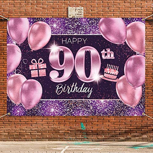 PAKBOOM Happy 90th Birthday Banner Backdrop - 90 Birthday Party Decorations Supplies for Women - Pink Purple Gold 4 x 6ft