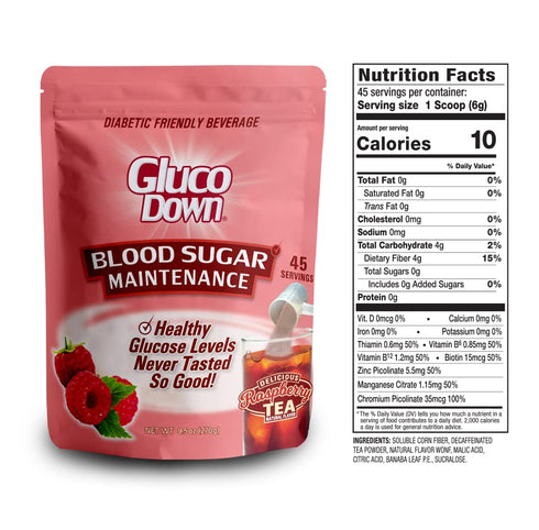 GLUCODOWN, Maintain Healthy Blood Sugar, Delicious Raspberry Tea Mix, Diabetic Friendly, 45 Servings, 1 Resealable Package.