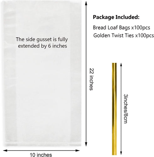 Large Bread Poly Bags,100 Pcs 22x6x10 Inch Bread Loaf Packing Bags with 100 Free Twist Ties,Clear Thick Gusseted Grocery Bakery Bags (Extra Large-22x6x10)