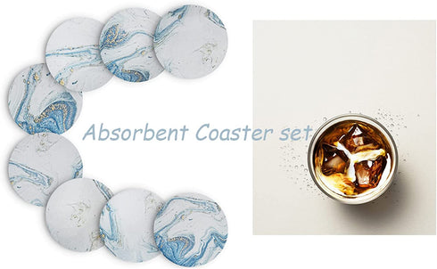 Coasters for Drinks, Round Absorbent Ceramic Stone Coasters Set of 8 with Cork Base, Funny Drink Coasters with Holder for Cold Drinks Wine Mugs and Cups Tabletop Protection, 4 Inches,Teal Marble