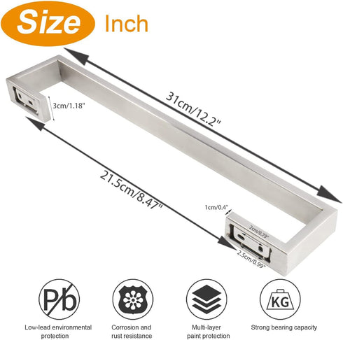 TocTen Bath Towel Rack - Square Base Thicken SUS304 Stainless Steel Towel Bar for Bathroom, Bathroom Bar Accessories Towel Rod Heavy Duty Wall Mounted Towel Holder (Brushed Nickle, 12 Inch)
