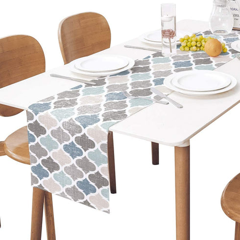 Moroccan Table Runner-Cotton linen-Small 36 inche Geometric Quatrefoil Lattice Dresser Scarves,Kitchen Coffee/Dining Farmhouse Tablerunner for Home Living Room,Holiday Dinner Scarf Décor,Blue Grey