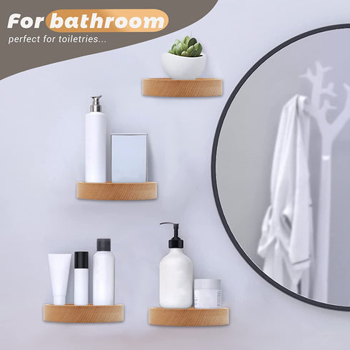 Small Floating Shelf for Wall, 4 Inch Wood Wall Shelves Display Ledges for Small Round Plant Wall Shelf Compact Style Decor Mini Hanging Display Shelves for Bathroom Livingroom Bedroom, Set of 4