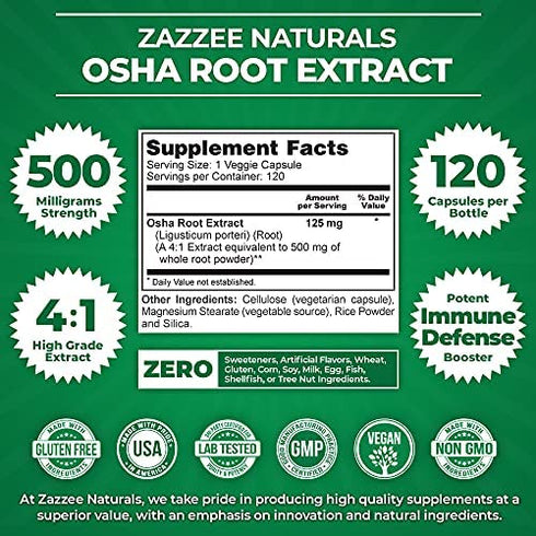 Zazzee OSHA Root Extract 120 Vegan Capsules, 500 mg Strength, Potent 4:1 Extract, Ligusticum porteri, Non-GMO and All-Natural