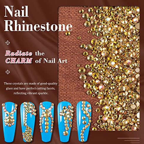 3600pcs Metal Sunlight/Gold Round Rhinestones 1.8-4mm Flatback for Manicure, 6 Multi Sizes Nail Art Shine Crystal Gem Diamond Bling Set with Tweezer and Pickup Pencil