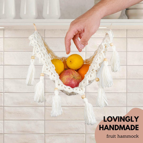 Kitchen Fruit Hammock Under Cabinet by Basket Mama - Handwoven Knitted Hanging Fruit Basket to Save Kitchen Counter Space - Boho Soft Design