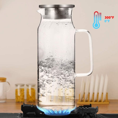 Glass Pitcher with Lid and Handle, 50 oz/1500ml Water Pitcher, Pitcher for Ice Tea and Homemade Juice, Heat Resistant Borosilicate Glass Carafe for Hot/Cold Water.