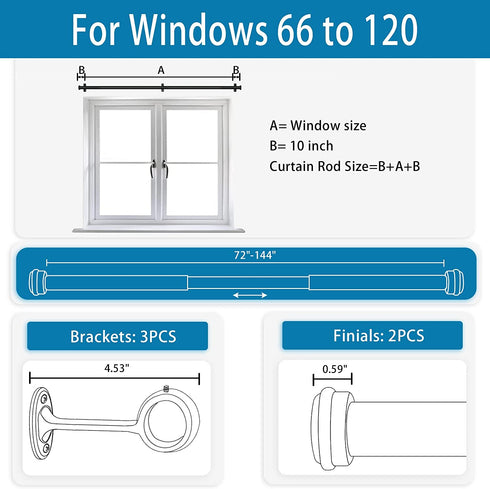 Curtain Rods 72 to 144-1" Curtain Rod with Cap, Curtain Rod for Windows 66 to 120, Hanging Curtain Rod&Wall Mount with Brackets, Outdoor Curtain Rod, Curtain Rods for Windows 72 to 144-Inch: Black