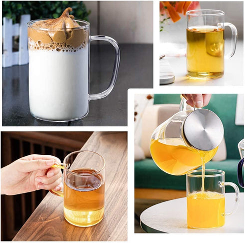 HORLIMER 10 oz Glass Coffee Mugs Set of 6, Clear Coffee Cup with Handle for Tea Cappuccino Latte Milk Juice Hot Beverages