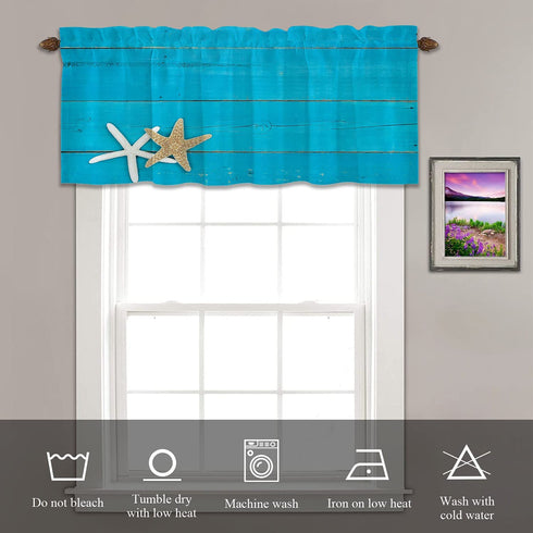 BaoNews Antique Rustic Teal Blue Kitchen Valances Half Window Curtain, Gold and White Starfish in Sand Border On Blackout Decoration Window Valances Curtains Drapes for Kitchen Bedroom, 52 X 18 Inch