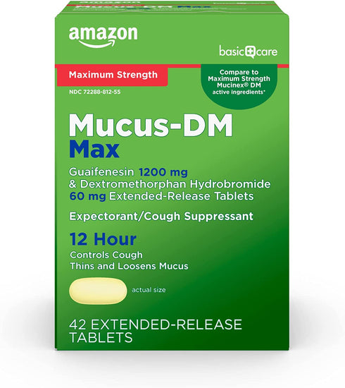 Amazon Basic Care Maximum Strength Mucus DM, Expectorant and Cough Suppressant Extended-Release Tablets, 42 Count