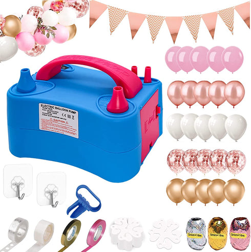 Gifts2U Electric Balloons Pump with Balloons and Rose Gold Pennant Balloon Pump Kit Portable Dual Nozzle Decorating Strip Kit, Metal Balloon Glue Balloon Tying Tool 110V 600W for Party Decoration