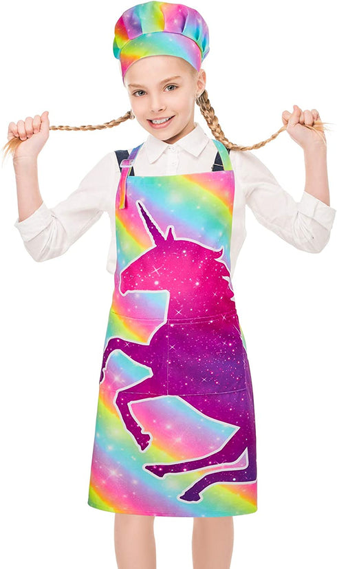 MHJY Kids Apron Chef Hat Set,Cooking Kitchen Apron for Girls Boys Adjustable Child Apron with Pockets