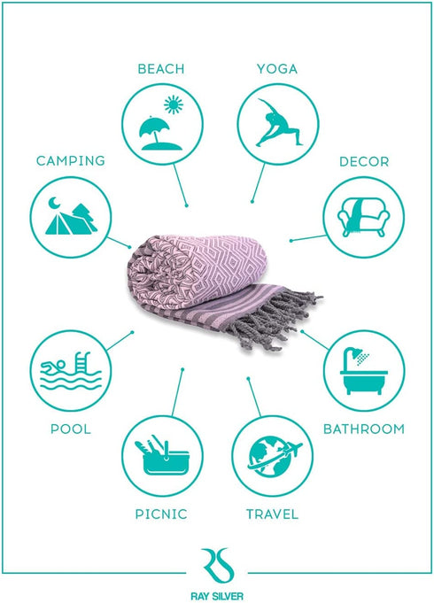Ray Silver Premium Turkish Beach Towel 100% Cotton-Quick Dry Turkish Bath Towel 71?x40?(100x180 cm)-Prewashed Peshtemal Blanket-Thin Light Weight Travel SPA Pool Bath Beach Gym Pool (Light Pink/Grey)