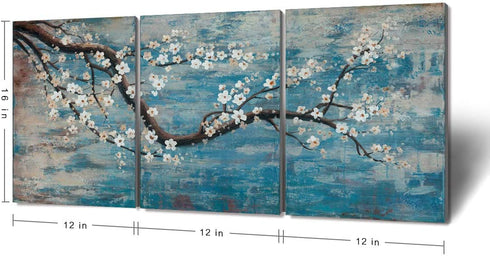 amatop 3 Piece Wall Art Hand-Painted Framed Flower Oil Painting On Canvas Gallery Wrapped Modern Floral Artwork for Living Room Bedroom Décor Teal Blue Lake Ready to Hang 12"x16"x3 Panel