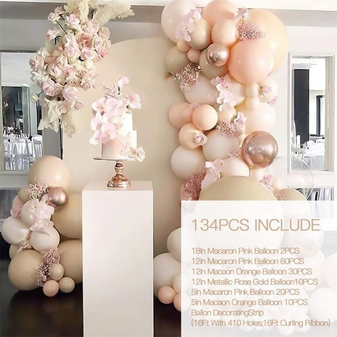 Nalwort Macaron Pink Balloon Kit 134PCS 18In 12In 5In Macaron Orange Metallic Rose Gold Balloon Arch Garland For Festival Picnic Family Engagement, Wedding, Birthday Party, Orange Theme Anniversary Celebration Decoration