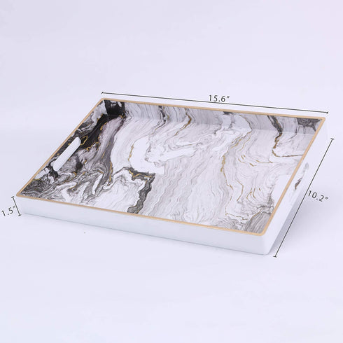 Zosenley Decorative Tray, Marbling Plastic Tray with Handles, Rectangular Vanity Tray and Serving Tray for Bathroom, Kitchen, Ottoman and Coffee Table, 15.6? x 10.2?, White