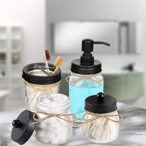 Aebor Mason Jar Bathroom Accessories Set(4 Pcs)-Foaming Soap Dispenser &2 Cotton Swab Holder Set &Toothbrush Holder(Black)