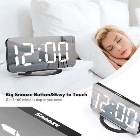Digital Alarm Clock, 6.5" LED Mirror Electronic Clocks,with 2 USB Charger,Snooze Model, 3 Adjustable Brightness?Outlet Powered Compact Clock for Bedrooms, Bedside, Desk, Shelf(Black-White)