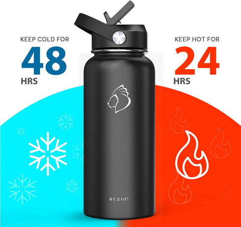 BUZIO Insulated Water Bottle with Straw Lid and Flex Cap, 32oz, 40oz, 64oz, 87oz 128oz Modern Double Vacuum Stainless Steel Water Flask, Cold for 48 Hrs Hot for 24 Hrs Simple Thermo Canteen Mug