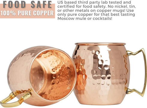 Kitchen Science Moscow Mule Copper Mugs Set of 4 (16oz) w/ 4 Straws & 1 Jigger | 100% Pure Copper Cups, Tarnish-Resistant Food Grade Lacquered Finish, Ergonomic Handle (No Rivet) w/ Solid Grip