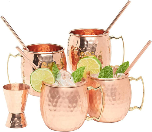 Kitchen Science Moscow Mule Copper Mugs Set of 4 (16oz) w/ 4 Straws & 1 Jigger | 100% Pure Copper Cups, Tarnish-Resistant Food Grade Lacquered Finish, Ergonomic Handle (No Rivet) w/ Solid Grip