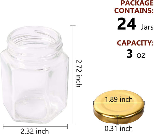 HWASHIN 24 Pack 3 oz Hexagon Glass Jars with Gold Lids, Honey Jars Small Spice Jars Mason Jars with 30pcs Labels and 2 Sponge Brushes for Jam, Baby Foods, Gifts, Wedding Party Favors